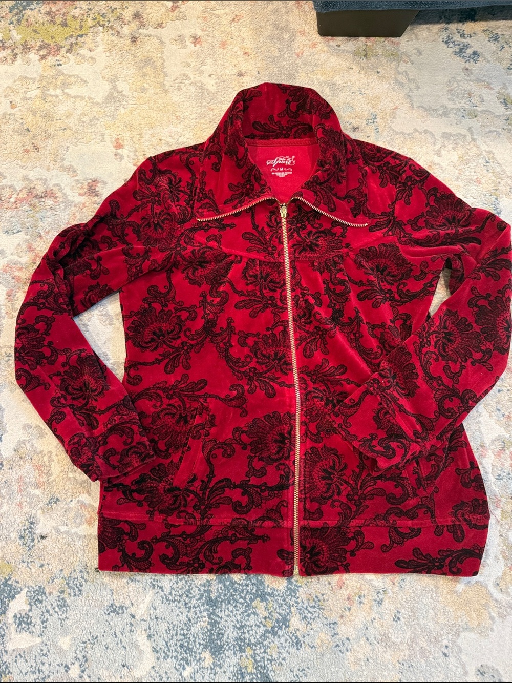 Red Velour Zip-Up Jacket SZ Medium w/Black Burnout Pattern
